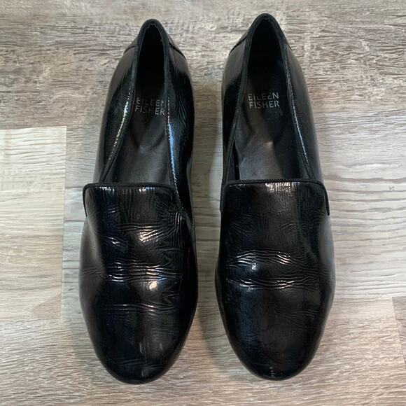 Eileen Fisher Black Patent Leather Loafers Size 6.5 Slip-On Flats - Picture 1 of 6
